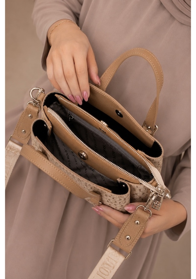 Just Polo Kadın Orta Boy Premium Deri Ayarlanabilir Askılı 3 Bölmeli Şık El & Omuz Çantası Shoulder Bag Kum