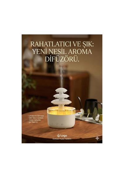 3 Katlı Şelale Yağmur Tasarımlı Ultrasonik Aroma Difüzör 6 Renk Led Işıklı Hava Nemlendirici Çok Renkli