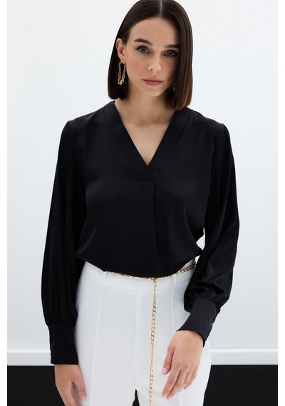Sateen V Yaka Saten Bluz - Siyah-130162 Siyah
