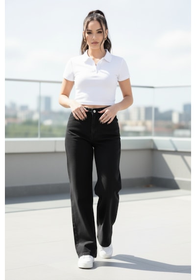 Woddi Nova Kadın Yüksek Bel Siyah Salaş Jeans Wide Leg Geniş Paça Palazzo Kot Pantolon