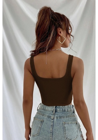 Askılı Fitilli Crop Top Bluz - Kahverengi Kahverengi