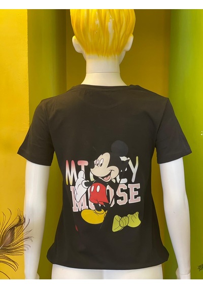 %100 Pamuk Basik Bisiklet Yaka Örme Mickey Mause Minny Mause T-shirt Siyah