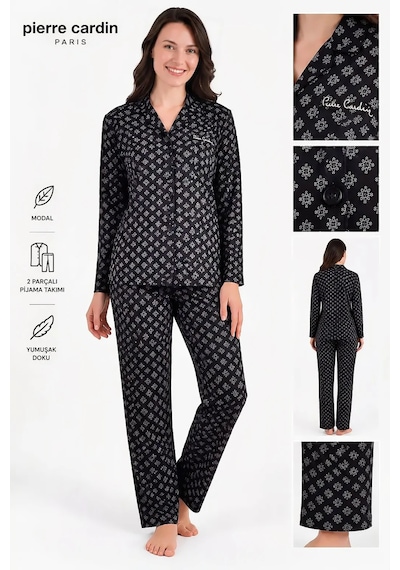 Pierre Cardin Gömlek Yaka Modal Kadın Pijama Takımı Siyah