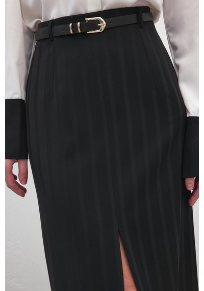 Sateen Anna Yırtmaçlı Etek - Siyah-137172 Siyah