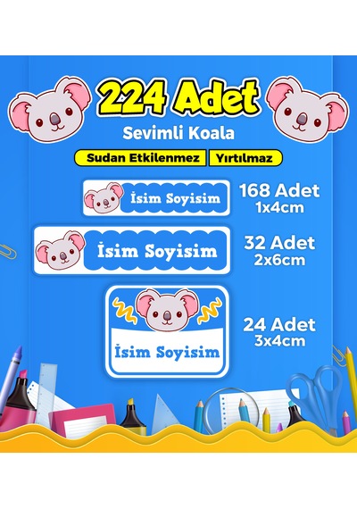 Sevimli Koala Temalı Okul Kreş Kişiye Özel İsim Etiket Seti - Model 159 Çok Renkli