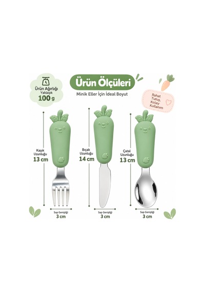 Yeşil Renk Figürlü Premium Çocuk Bpa Free Paslanmaz Çelik Uçlu Çatal-kaşık-bıçak Set 12+ Ay