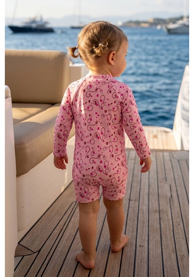 Zuzunga Pembe Kalp Desenli Uzun Kollu Fermuarlı Bebek Deniz Tulumu