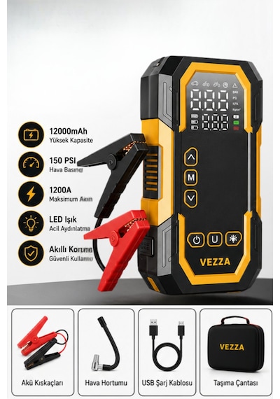 4'ü 1 Arada 90w Şarjlı Akü Ateşleyici Lastik Şişirici Powerbank Led Işık 150psi Yüksek Basınçlı