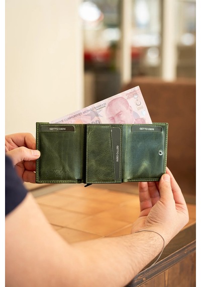 Getto Deri Prag Kişiye Özel İsim Baskılı Mekanizmalı Hakiki Deri Cüzdan Yeşil