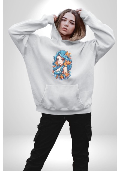 Deniz Kızı Deniz Yıldızı Mavi Saçlı Kadın Erkek Beyaz Kapüşonlu Sweatshirt Hoodie Beyaz