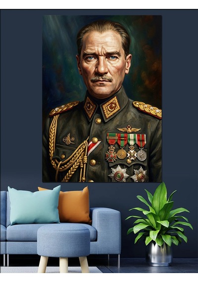 Madalyalı Ve Üniformalı Atatürk Portresi Dekoratif Kanvas - Mdf Ahşap Tablo