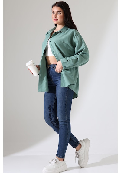 Yeni Sezon Poplin Kumaş Çift Cepli Oversize Pamuklu Kadın Tunik Gömlek Yeşil