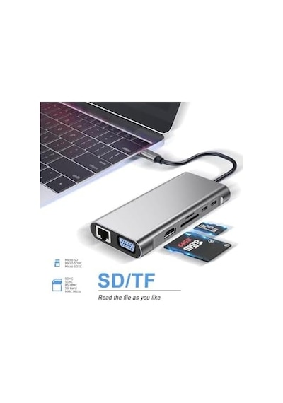 W13 Macbook Uyumlu Type C To 4k Hdmı - 2 Usb3.0-3 Usb2.0 Vga Sd/tf Audıo Lan Wireless Şarj 13ın1 Hub Çevirici