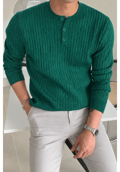 Genius Store Erkek Fitilli Henley Yaka Triko Kazak Regular Fit Düğmeli Kazak Henley-yaka Nefti