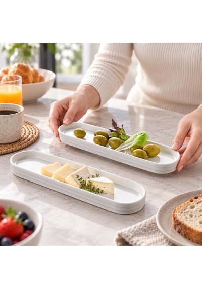 Porselen Oval Tabak 2'li Set, 26,2 7 1,9 Cm, Beyaz İnce Uzun Zeytinlik, Kahvaltılık Peynir Meze Ve Atıştırma Diğer