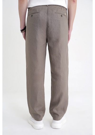 Oversize Kalıp Yan Cep Beli Lastikli Haki Keten Pantolon P 1216