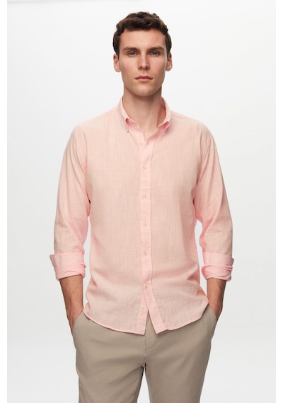 D'S Damat Ds Damat Slim Fit Pembe Düğmeli Yaka %100 Pamuk Yazlık Flamlı Keten Görünümlü Gömlek 6HC02ORT63265 Pembe