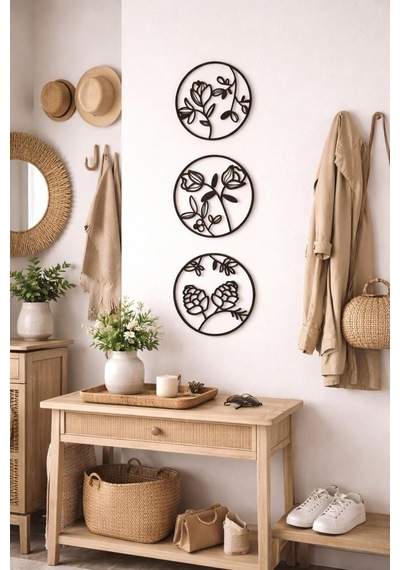 Arliadesign 3 Parçalı Daire Şeklinde Modern Çiçek Bahçesi Ahşap Tablo Seti / Duvar Dekor / Siyah 3 Mm Mdf
