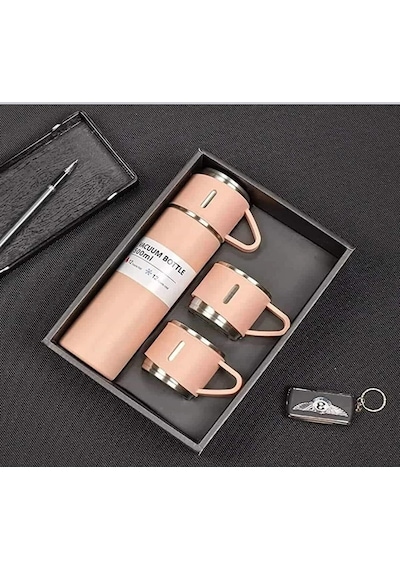 Paslanmaz Çelik 3 Bardaklı Vakumlu Termos Set 500 Ml Pembe