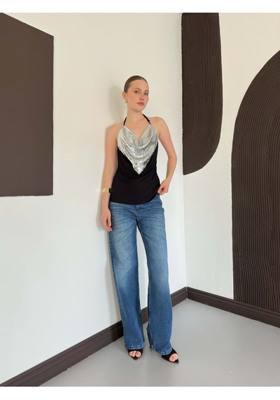 Verymoda Pullu Askılı Bluz D3079 Siyah Gümüş
