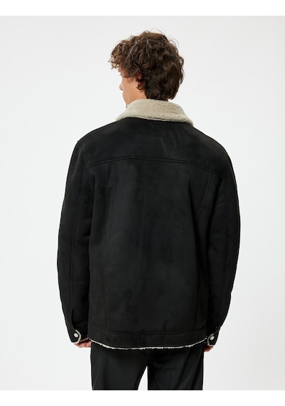 Koton Süet Görünümlü Ceket Slim Fit Peluş Detaylı Gömlek Yaka Siyah 5wam20075hw Siyah