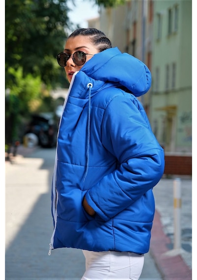 Keyifli Moda Kadın Saks Mavi Su Geçirmez Kapüşonlu Şişme Mont