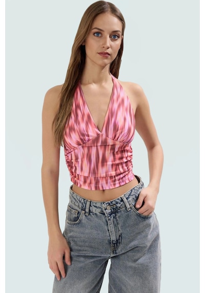 Ersefa Vücuda Oturan Boyundan Bağlamalı Crop Bluz Polyester Elastan Sand Pembe