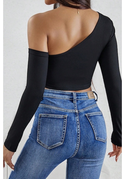I-moda Kadın Siyah Tek Omuz Detaylı Uzun Kol Crop Top Bluz