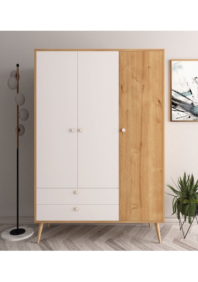 Floradesign Tema Elbise Dolabı Üç Kapaklı Çekmeceli Dolap Gardırop 120cm Meşe