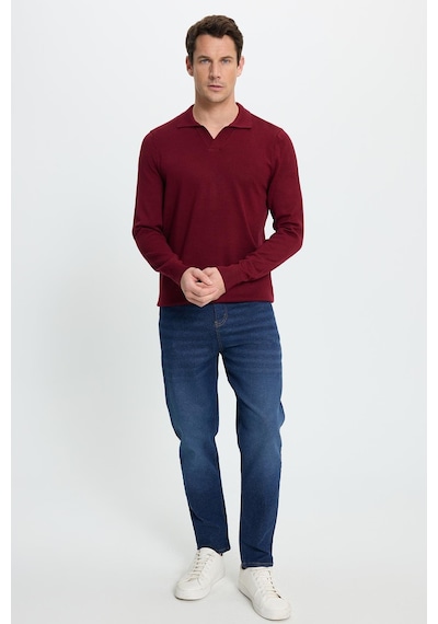 Tudors Erkek Standart Fit Normal Kesim Polo V Yaka Bordo Triko Kazak-35697 Bordo