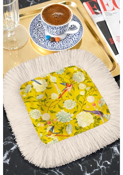 Çiçekli Kuşlu Saçaklı Sunum Peçetesi - Vintage Bahar Sarı Naturel Krem Bardak Altlığı Mendil Çok Renkli