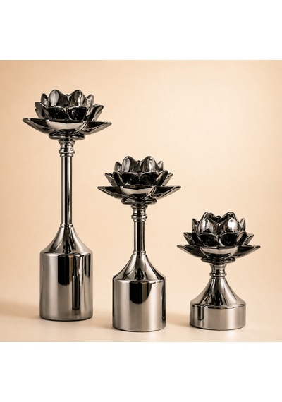 Lotus Çiçeği Metal Şamdan Mumluk 3'lü Dekoratif Set Gümüş