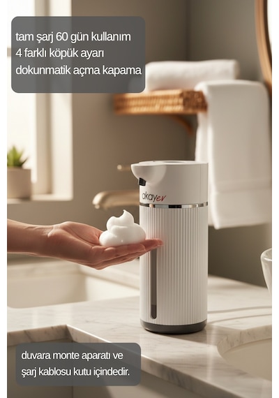 Akayev Otomatik Sensörlü Köpük Sıvı Sabunluk - Şarjlı- Dijital Led Ekran Duvara Monte Çok Renkli
