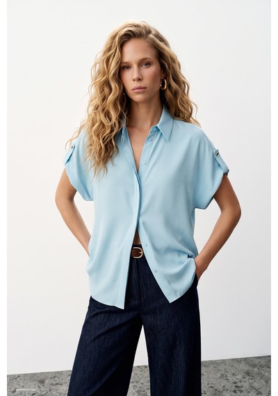 Sateen Kol Detaylı Salaş Gömlek - Bebe Mavi-137627