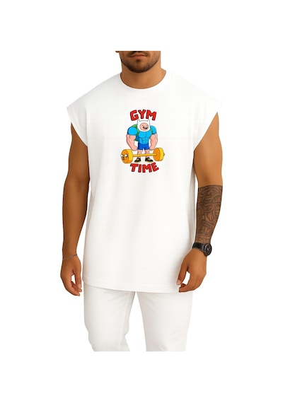 Bahriyeli Collection Oversize Adventure Time Gym Fitness Göğüs Baskılı Atlet Beyaz