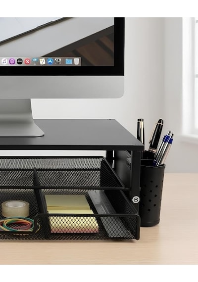 Tr Siyah Ahşap Üst Tablalı Metal Mesh Monitör Yükseltici Stand Çekmeceli Kalemlikli Masaüstü Organizer 9214