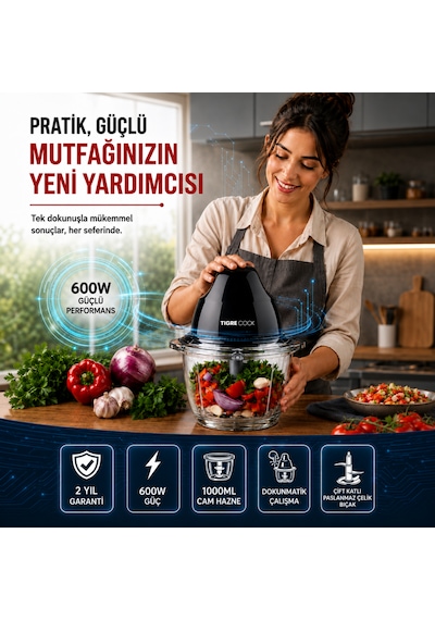 Tigrecook TG-8005G Instantchopper Fit 1 L Cam Hazneli Et Kıyma & Sebze Rondo Doğrayıcı Çift Çelik Bıçak