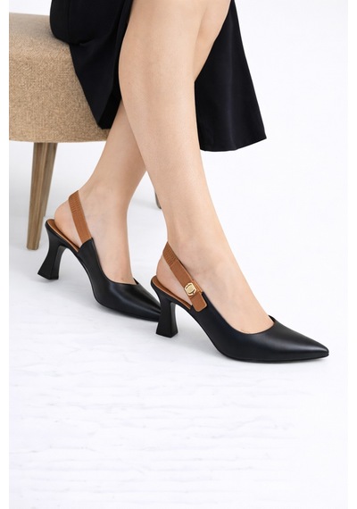 Dadwolf Kadın Slingback Topuklu Ayakkabı Sivri Burun 5,5 Cm Orta Topuk Bantlı Zarif Günlük Ofis Stiletto Siyah