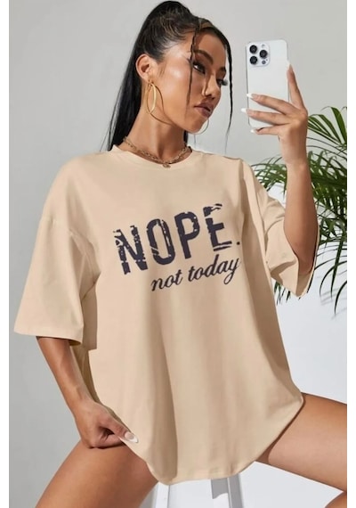 Unisex Not Today Baskılı T-shirt Bej