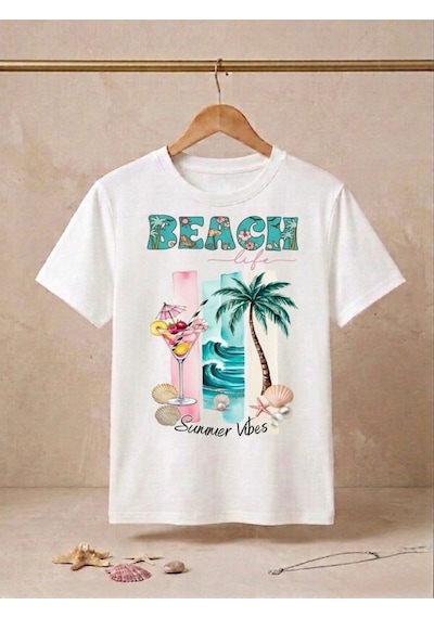 Beach Baskılı Oversize Kompak T-shirt Beyaz