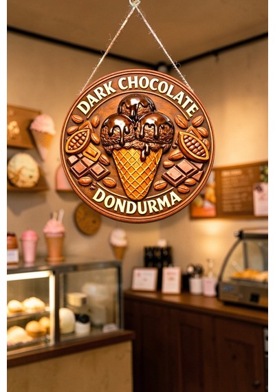 Dark Chocolate Dondurma Görselli Ahşap İpli Kapı Duvar Süsü Modern Cafe Panosu, 30 X 50 Cm