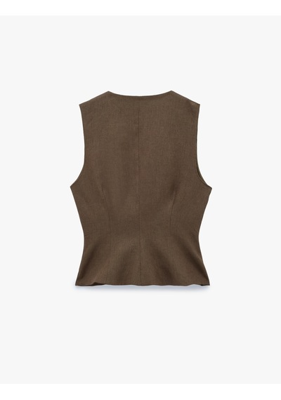 Koton Keten Karışımlı Slim Fit Düğmeli V Yaka Yelek Kahverengi 6sak20067pw Kahve