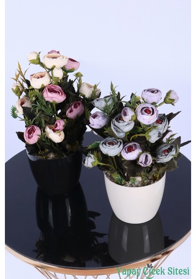 Yapay Çiçek Sitesi Plastik Saksıda Yapay Tomurcuklu Ranunkulus Tanzimi 2'li Set 30 Cm Pembe Krem - Lila
