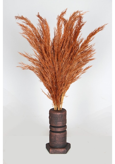 Lüx Siyah-bronz Ahşap Vazodo Turuncu Pampas Çiçeği 42 Cm