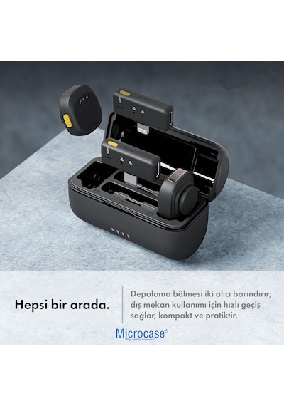 Microcase Kablosuz Çiftli Yaka Mikrofonu Seti - Şarj Kutulu Type-c Ve Lightning Uyumlu Gürültü Engelleyici Vlog Mikrofonu-al5819