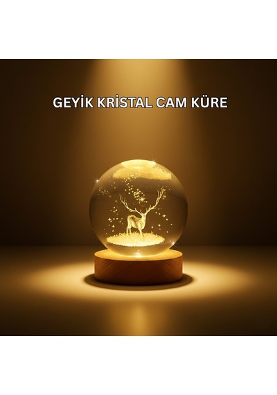 Usb Bağlantılı Geyik Temalı Kristal Küre Premium Masa Gece Lambası Standart
