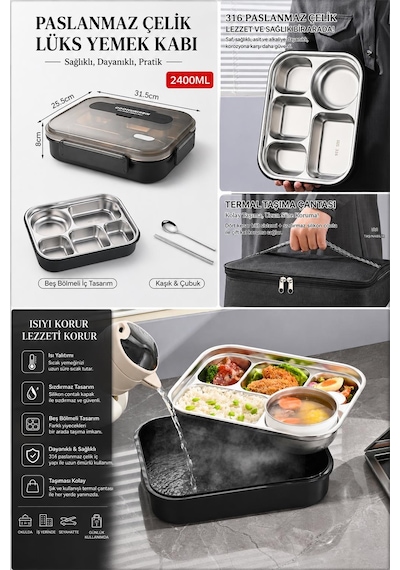 Valkyrie 304 Paslanmaz Çelik Lunch Box 2400 Ml Termal Taşıma Çantalı 5 Bölmeli Sızdırmaz Yemek Kabı Çatal Kaşık Dahil Siyah