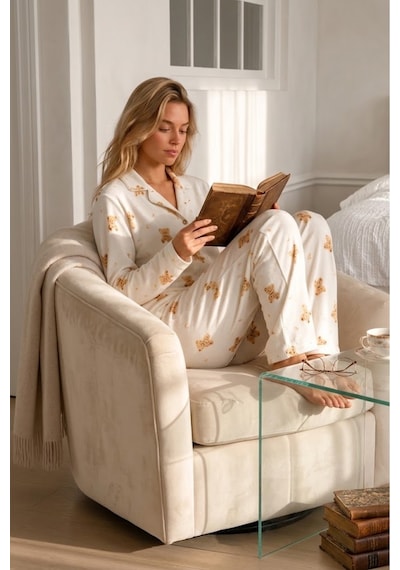 Womanandkids Night Beyaz Kadın Gömlek Yaka Düğmeli Pijama Takımı