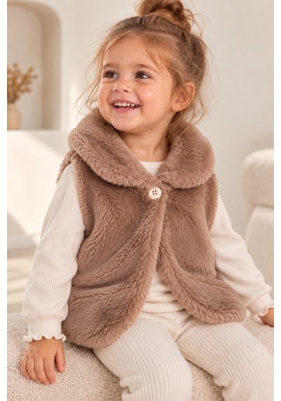 Luess Kız Bebek Peluş Yelek Kalp Nakışlı Vizon Sütlü Kahve