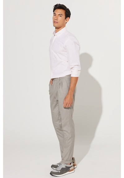 AC&Co / Altınyıldız Classics Erkek Bej Slim Fit Dar Kewsim Düğmeli Yaka %100 Pamuk Armürlü Gömlek Bej